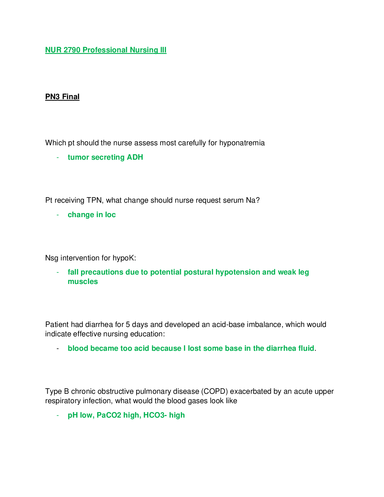 NUR 2790 / NUR2790 Professional Nursing III / PN3 Final Exam . Rasmussen